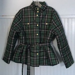 J. Crew Tartan tie waist puffer jacket.